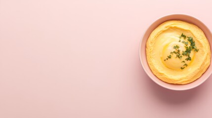 Poster - A fluffy yellow omelette sits on a pastel plate, slightly split to showcase a runny yolk. Fresh herbs add color against a gentle pink backdrop