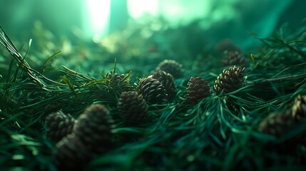 Poster - Several pine cones are nestled among dense, vibrant green pine branches in a tranquil forest. Natural light creates soft highlights on the foliage