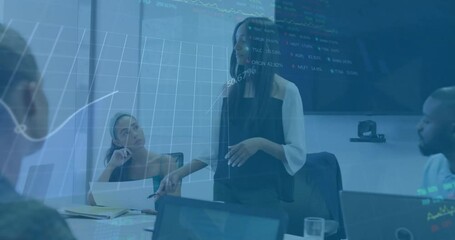 Poster - Female presenter rising in business meeting sweeping pen toward animated graphs emphasizing trend
