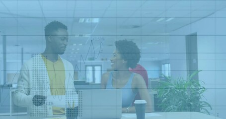 Poster - Male colleague bringing report to woman at desk, reviewing business metrics with animated graphs