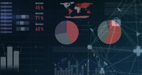 Poster - On load, dashboard interface animating gauges, charts, pie graphs and network to visualize trends