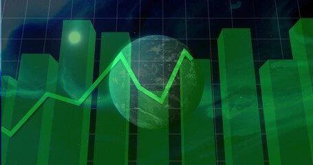 Poster - Cosmic grid initiating 3D green bars rising around Earth while line tracing trend visualizing