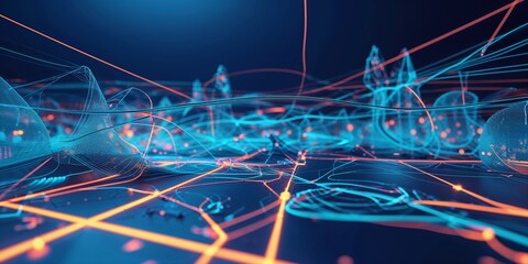 Aufkleber - Colorful abstract digital landscape with glowing lines and nodes representing data flow and technology concepts