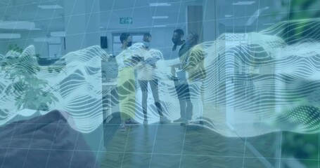 Poster - Business team examining tablet data under digital waveform overlay, passing it and ending handshake