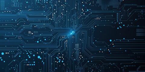 Poster - Complex circuit board design with blue tones and intricate patterns showcasing modern technology