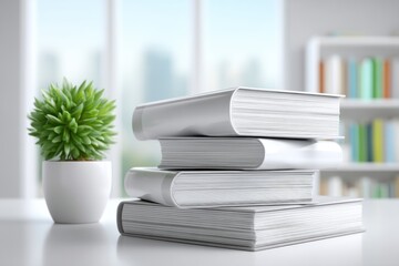 Poster - a neat stack of white books beside a plant on a white desk in a modern setting, with a bright blurre