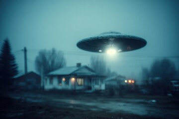 Poster - A blurry image depicts a mysterious UFO hovers above a quaint suburban house, with an eerie, otherworldly glow emanating from the bottom of the unidentified flying object.