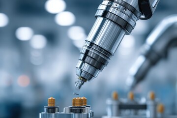 Poster - an industrial robotic arm precisely placing a microchip on a gold surface, showcasing advanced autom