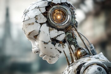 Poster - close-up of a distressed and damaged android head with exposed mechanical components, revealing a hi