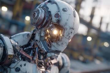 Poster - Close-up portrait of a futuristic humanoid robot head, showing intricate details, weathered surface, and glowing light emanating from its faceplate with soft focus.