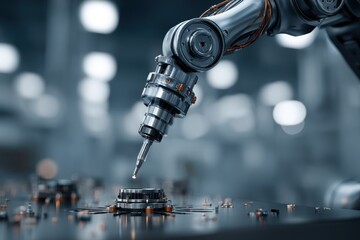 Poster - Advanced robotic arm performing precision work on a complex electronic circuit board, demonstrating high-tech automation and manufacturing process efficiently.