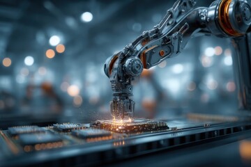 Poster - futuristic robotic arm precisely assembling a complex circuit board with precision, showcasing advan