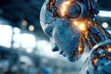 Poster - A close-up image of a futuristic robot's head with cracked skin revealing internal mechanics and glowing energy, emphasizing advanced technology and artificial intelligence concept.
