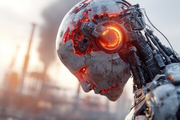 Poster - Detailed close-up of a futuristic cyborg head showing intricate mechanical and organic details, with glowing red eye and internal components visible, representing technology.
