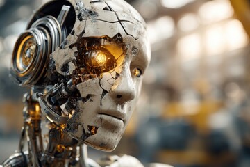 Poster - A close-up of a futuristic cyborg with visible internal mechanisms and a glowing eye, set against a blurred, neutral background that highlights the metallic structure.