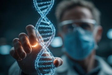 Poster - a scientist touching a glowing dna helix, in a concept showing genetic research with innovative tech