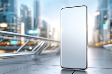 Poster - Smartphone mock-up with blank screen against a blurred city backdrop and bright lights, creating a modern and urban feel, great for showcasing mobile apps.