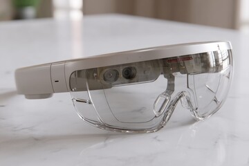 Aufkleber - a close-up studio shot of a modern augmented reality glasses on a white marble table, showcasing the