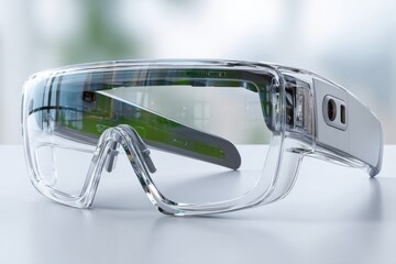 Poster - augmented reality glasses on a white surface provide a vision of the future, innovative technology a