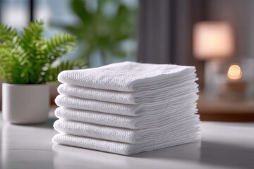 Poster - a neatly stacked pile of fresh white towels on a marble surface, with soft lighting and a plant in t