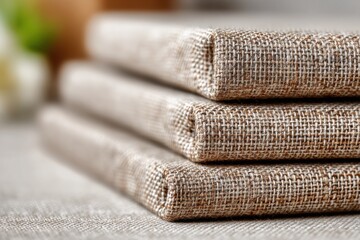 Poster - Close-up of stacked canvases with woven texture in neutral tones, providing a simple background with an artistic and tactile quality for various designs.