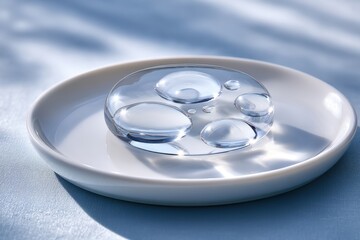 Poster - elegant close-up of transparent water droplets on a white plate, showcasing purity and freshness wit