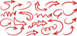 © john - Red pencil arrow doodles set - hand drawn swirls, curved lines, chaotic pointers. Chalk sketches, artistic design elements pack.
