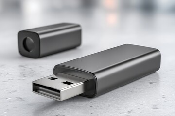 Poster - A detailed product shot displaying two black USB flash drives on a light concrete surface with a minimalist background, emphasizing modern technology and data storage.