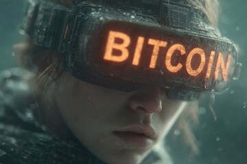 Poster - A close-up of a person wearing futuristic augmented reality glasses displaying Bitcoin, with visible digital circuitry on the device and a somber expression, highlighting cryptocurrency
