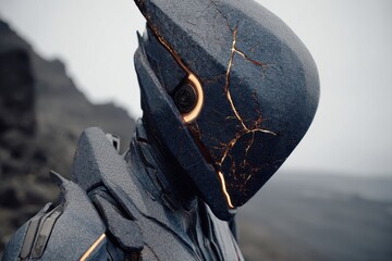 Poster - Detailed close-up of a futuristic stone robot with glowing cracks and an eye, set against a blurred, misty background, highlighting advanced technology and artificial intelligence.