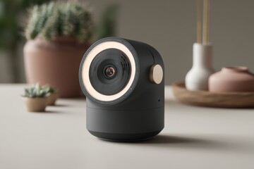 Poster - Modern smart home security camera with sleek design and integrated spotlight, elegantly placed among stylish home decor objects on a clean, minimalist surface.