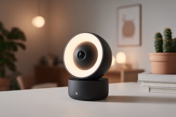 Poster - A modern home security camera with ring light on a table, creating a sleek and secure home environment, ideal for safety, convenience, and contemporary living.