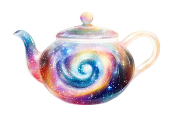 teapot filled with cosmic spiral on black background, cut out transparent