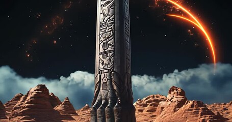 Wall Mural - a towering obelisk stands in a desolate, rocky landscape under a starry night sky with a distant pla