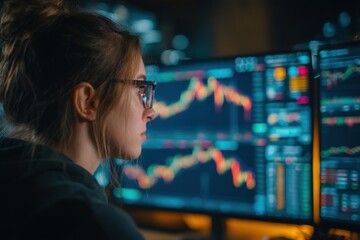 Poster - focused young woman analyzing stock market data on multiple computer screens, with charts, graphs, a