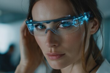 Poster - A portrait of a beautiful woman wearing futuristic augmented reality glasses, displaying complex data, reflecting the potential of technology and innovation.