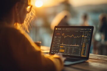 Poster - a businesswoman analyzes stock market data on a laptop, working outdoors during sunset, making finan