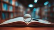 © ICKK - Open book with magnifying glass in a library setting, showcasing knowledge exploration, learning, reading habits, and literary pursuit in a cozy atmosphere
