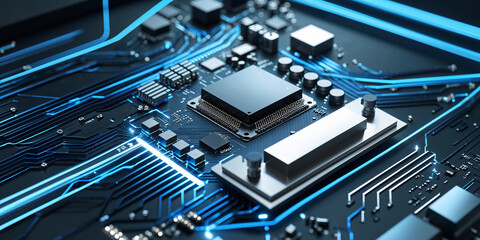 Poster - Close-up view of an advanced circuit board showcasing intricate electronic components and vibrant blue pathways