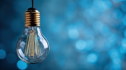 Poster - Elegant Vintage Light Bulb Hanging Against a Softly Blurred Blue Background, Perfect for Modern Interior Decor or Lighting Themes in Artistic Photography