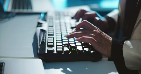 Fototapete - Keyboard, typing and businesswoman in office at night working on company investment account with deadline. Hands, overtime and closeup of financial manager with global client report in workplace.
