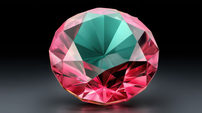A beautifully rendered round faceted gem shimmers with pink and teal hues, its intricate facets catching the light on a dark, reflective surface perfectly.