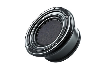 Poster - Isolated black speaker with a mesh center and chrome accents on a dark background in studio light