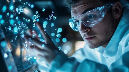 Poster - scientist conducts experiment with glowing particles in laboratory during evening hours
