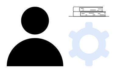 Poster - Person silhouette, gear for configuration, and books symbolizing learning or information. Ideal for education, networking, user interface, training, technology business and administration. Flat
