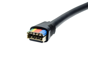 Poster - Close up of a black hdmi cable with visible colored wires on a black background in a studio setting