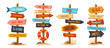© Rudzhan - Beach signpost set. Pillars with wooden beach pointer with arrows and lettering. Direction indicators. Signs with inscription hotel, cafe and pool. Cartoon vector illustration isolated on background