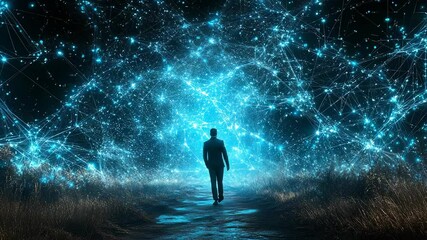 Man Walks Towards Glowing Network of Light in Mysterious Landscape Concept