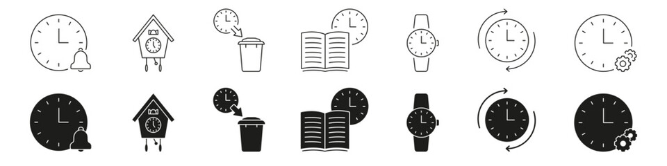 Poster - Clock And Time Management Line And Solid Icon Set. Alarm, Scheduling, Timekeeping Symbol Collection. Includes Cuckoo Clock, Trash Bin, Book, Wristwatch, Gear Elements. Isolated Vector Illustration
