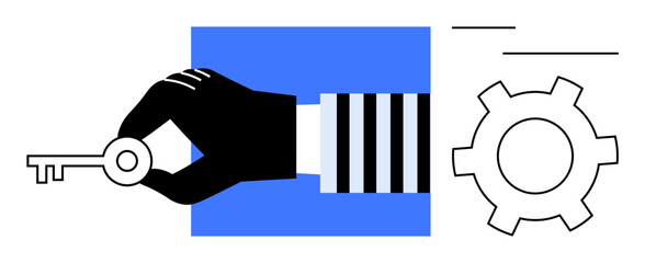 Black hand holding key with striped sleeve, blue square backdrop, large gearwheel outline. Ideal for strategy, innovation, security, technology, planning, access simple landing page